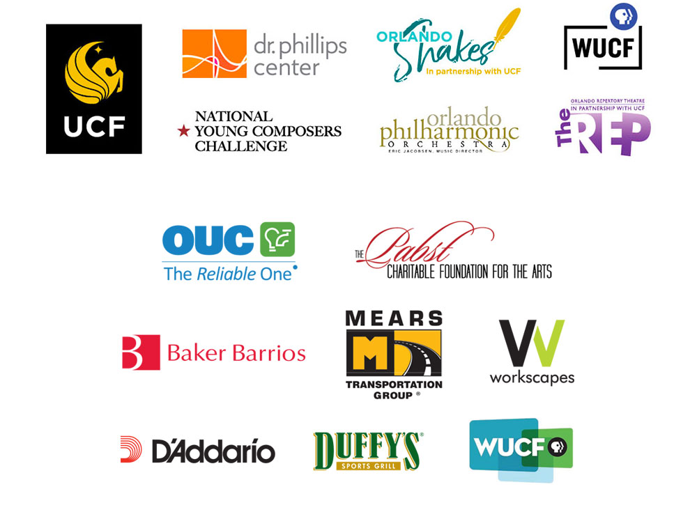Logos incuding UCF, Dr. Phillips Center, Orlando Shakes, WUCF, National Young Composers Challenge, Orlando Philharmonic Orchestra, Orlando Repertory Theatre, OUC The Reliable One, Pabst Charitable Foundation for the Arts, Baker Barrios, Mears Transportation Group, Workscapes, D'Addario, Duffy's Sports Grill, and WUCF