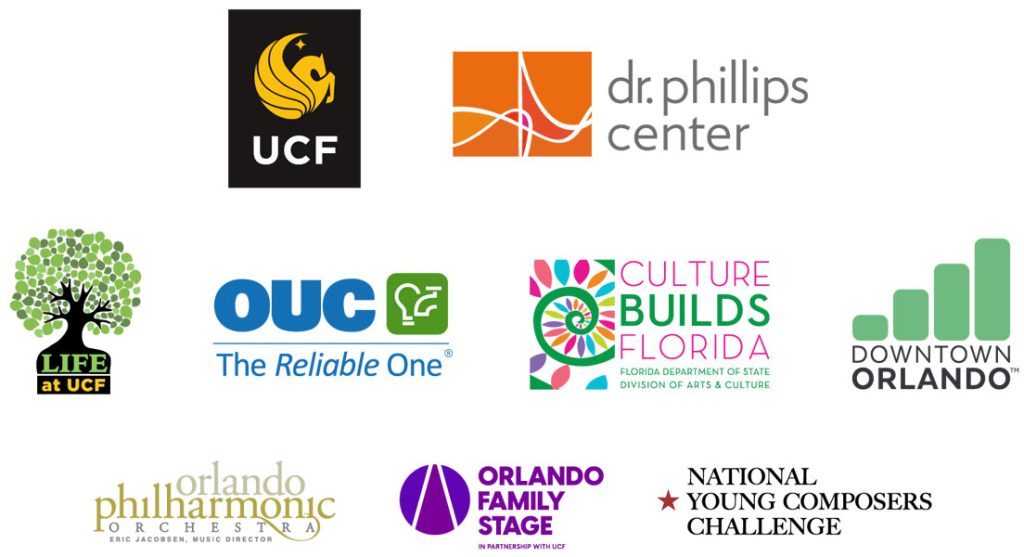 Logos for University of Central Florida, Dr. Phillips Center, LIFE at UCF, OUC The Reliable One, Culture Builds Florida, Downtown Orlando, Orlando Philharmonic Orchestra, Orlando Family Stage, National Young Composers Challenge