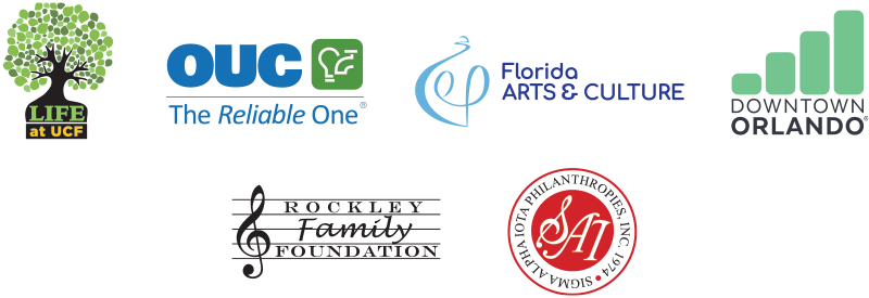 Logos for LIFE at UCF, OUC The Reliable One, Culture Builds Florida, Downtown Orlando, Rockley Family Foundation, and Sigma Alpha Iota Philanthropies Inc.